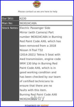 2017 Nissan X-Trail T32 Passenger Mirror Electric+Camera 2014-2021 963024CA8A